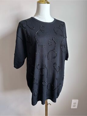 Wool blend Black Beaded embroidered Short-Sleeve Knit Top dressy classy party